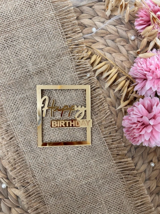 TOPPER PLEXI ZŁOTY AKRYLOWY HAPPY BIRTHDAY NA BOK TORTU