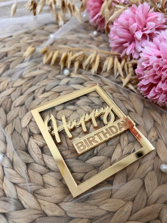 TOPPER PLEXI ZŁOTY AKRYLOWY HAPPY BIRTHDAY NA BOK TORTU