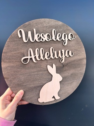 DREWNIANA TABLICZKA OKRĄGŁA WESOŁEGO ALLELUJA Z KRÓLIKIEM