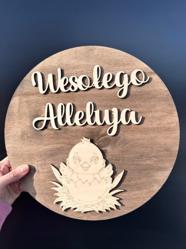 DREWNIANA TABLICZKA OKRĄGŁA WESOŁEGO ALLELUJA Z KURCZAKIEM