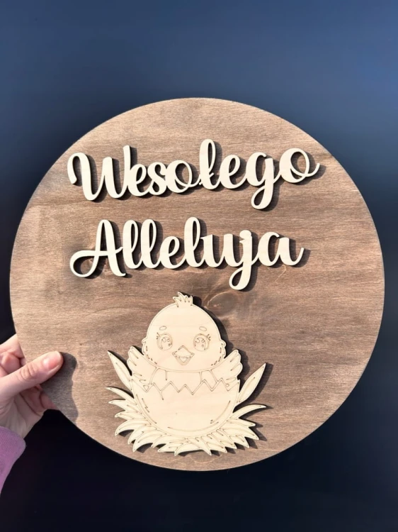 DREWNIANA TABLICZKA OKRĄGŁA WESOŁEGO ALLELUJA Z KURCZAKIEM