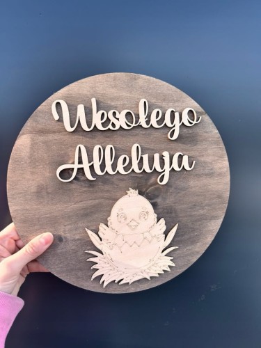 DREWNIANA TABLICZKA OKRĄGŁA WESOŁEGO ALLELUJA Z KURCZAKIEM