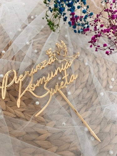 TOPPER NA TORT PIERWSZA KOMUNIA ŚWIĘTA ZŁOTY PLEKSI