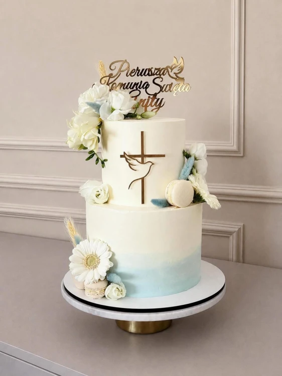 Topper na tort "Pierwsza Komunia Święta" z gołąbkiem + dowolne imię pleksi