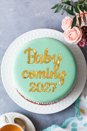 Topper/dekor na górę tortu "Baby coming"+ dowolna data z pleksi