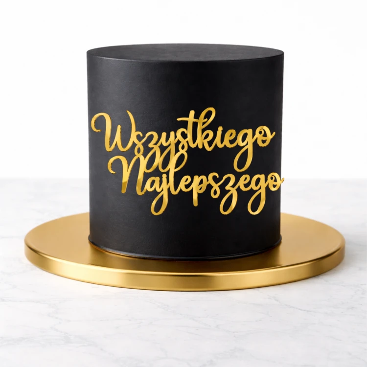 Dekor topper na bok tortu napis "Wszystkiego Najlepszego" złota pleksi urodziny